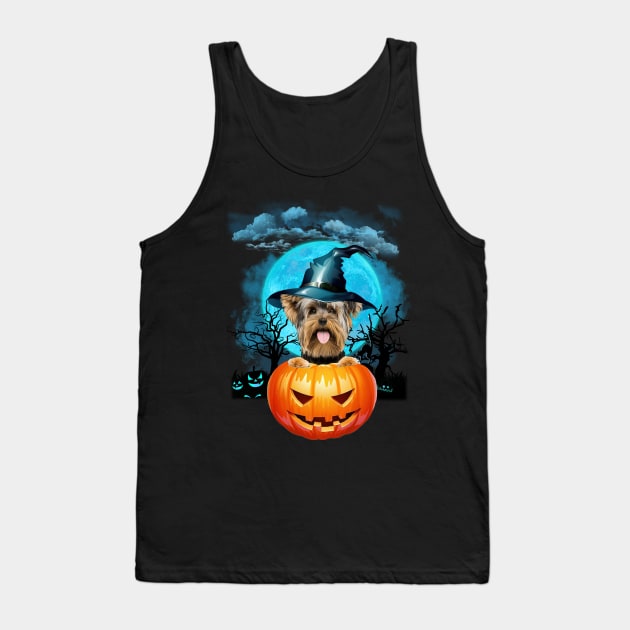 Yorkshire Terrier Witch Hat Pumpkin And Blue Moon Halloween Tank Top by PlumleelaurineArt